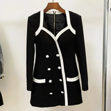 QUALITY Newest Fall Winter 2023 Designer Dress Women's Extra Shoulder Long Sleeve Double Breasted Color Block Mini