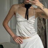 Temperament Pure Color Lace Splicing V-Collar Chest-Shaped Satin Satin Vest 2024 Spring / Summer New Style-Outfit