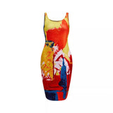 Oil Painting Pattern Women's Loose Digital Print Sleeveless Round Collar Slim Skirt EA21678 Series-Outfit