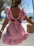 Summer Dress For Women 2022 Short Ruffles Sleeve Backless New Mini Party Dresses Lace Up New Fashion Red Floral