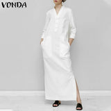 Long Dress Women's Sundress Elegant Stand Collar Long Sleeve Party Dress Side Split Holiday Button Up