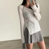 Solid Color V-Neck Elastic Knitted Tee-Outfit