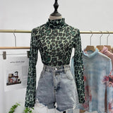 Autumn Single-Layer Mesh Base T Shirt Girls Printed Full Sleeve Turtleneck Tees Slim Women See Through Tshirts-Outfit