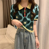 Women Puff Short Sleeve Printed Flowers Sweaters Shirts Polo Collar Cropped Thin Sweater Pullover Crop Top For Female-Outfit