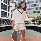 Autumn Winter Knit Korean Loose Pullover Sweatshirts Chic Tops White Long Sleeve V-neck Knitted Sweater Women's