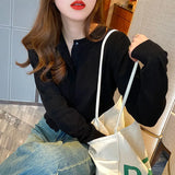 Fongt Season New Knit Cardigan Coat Korean Version Thin Thin Round Collar Long Sleeve With Sweater Black Jacket-Outfit