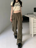 Low Waist Y2K Cargo Jeans Women Grunge Streetwear Oversize Parachute Pants Female Pockets Retro 90s Beige Denim