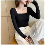 Fongt Square Collar Undershirt With The 2024 New Fall Tight Low Collar Long-Sleeved T-Shirt-Outfit