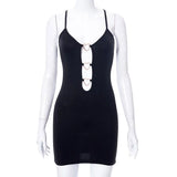 Hollow Out Mini Dress Summer Women Solid Color Chains Bodycon Sheath Black Dresses Sleeveless Party Club