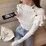 Sleeve Turtleneck Buttons Sweater Jumpers Girls Stretchy Chic Ruffles Autumn Spring Sweaters Pullovers Tops Women-Outfit