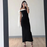 Black Ribbon Off-shoulder Maxi Dress-Outfit
