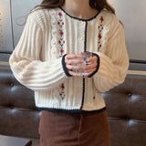 Chic Autumn And Winter French Small Fragrant Wind Three-Dimensional Embroidery Flowers Contrast Color Small Knit Sweater Sweater Coat Female-Outfit