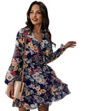 Fongt White Skirt V-Neck Chiffon Print Temperament Commuter Mid-Rise Long-Sleeved