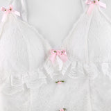 Dark Harajuku Kwaii Lace Basic Camis Pastel Gothic Cute Bow White Skinny Crop Tops Lolita Ruffles Women Coquette