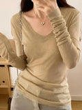 Ribbed V Neck Slim Long Sleeve Knit-Outfit