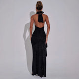 Fongt Summer New Fashion Temperament Pure Color Fine Sexy Big Side Open Side Open Shoulder Hanging Neck Dress Woman