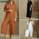 Vintage Rompers Women Jumpsuits 2021 Summer Casual Short Sleeve Playsuits Elegant Wide Leg Pants Sexy