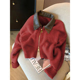Fongt Spring And Autumn New Loose Gas Coat Ankola Red College Wind Splicing Fake Two Knitted Shirt Women