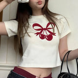 And Lovely Cherry Bow Printed Round Collar Basic T-Shirt Girls Wear A New Style Of Simple Blouse In Summer-Outfit