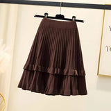 Knit Solid Elastic High Waist Ruffles Pleated Midi Skirt-Outfit