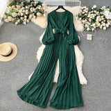 Sleeve Jumpsuit Spring Style V-Tie Waist Long Style Pleated Wide-Leg Trousers-Outfit