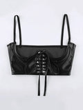 Front Tie Pu Leather Cropped Bustier-Outfit