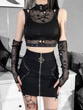 Dark Skull Fishnet Mall Gothic Women Tank Tops Grunge Aesthetic Punk Black Crop Top With Glove E-girl Emo Alternative