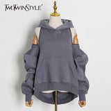 Casual Solid Sweatshirt For Women Hooded Collar Long Sleeve Hollow Out Minimalist Sweatshirts Female Fashion