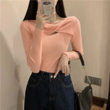 Collarbone Leisure Hollow Long-Sleeved Knitted Shirt Women Autumn New Slimming Elastic Inside The Bottom Of The Blouse