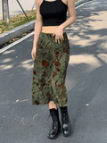 Mesh Lining Vintage Floral Midi Skirt-Outfit