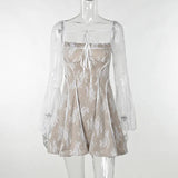 White Square Neck Lace Mesh Long Sleeve Mini Dress-Outfit