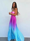Fongt New Summer Gradient Hanging Neck Fold Fashion Dress Ladies Beach Holiday Dress