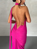 Backless Sexy Maxi Dresses for Women 2023 Diagonal Collar Pleated Bandage Dress Elegant Party Evening Bodycon Dress