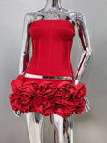 Red Lace Up Corset And 3d Flower Mini Skirt Two-Piece Set-Outfit