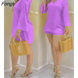 Bell Sleeve V-Neck Top & Shorts Set Casual Women Two Piece