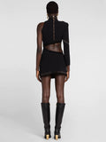 2023 New Summer Women's Black Hollow Mini Bandage Sexy Long Sleeve One Shoulder Tight Elegant Celebrity Party