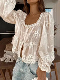 Fongt Sexy Lady U Collar Embroidered Long-Sleeved Shirt LX0065