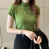 Knitted T-shirts Turnelneck Tees Plain Solid Knitted Short Sleeve Casual O-neck T-Shirts For Women 2020