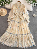 Fongt Retro Court Wind Hollow Lace Splicing Lantern Sleeve Collection Waist Single Buckle Print Dress 2025 Spring Dress