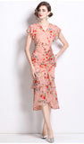 Fongt Retro Niche Design Drawstring Print V-Neck Dress Summer Women's Pocketed Fishtail Skirt Tide