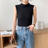 High Collar Sexy Tank Tops Women Sleeveless Knitted Vest Female Elasticity Solid Slim Pullover 2024 Summer Solid Bottoming-Outfit