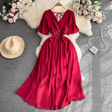 Fongt Summer New Temperament V-Neck Elasticity To Collect The Waist Of The Long Seaside Vacation Beach Chiffon Dress Woman