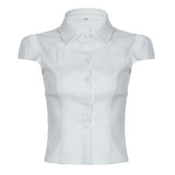Fongt Style Simple Solid Color Pocket Short-Sleeved Shirt Female Polo Collar Single Breasted Waist Show Thin Top-Outfit
