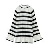 Black-And-White Striped High-Necked Pullover In Autumn-Outfit