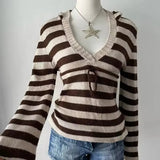 Vintage V-Neck Front Tie Hooded Sweater-Outfit