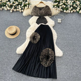 Fongt Folded Two Sets Of Women's Waist Repair Short Sleeve Pressure Folded Blouse Flowers High Waist 100 Folds Skirt