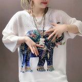 Elephant Printed Knitted Pullovers Casual Hollow Out Female Clothing Short Sleeve Korean Diamonds Summer Loose T-shirt-Outfit