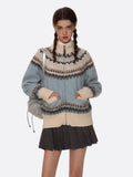 Blue Printed Stand Collar Knitted Cardigan-Outfit