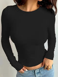 Summer Solid Crew Neck T-Shirt, Casual Long Sleeve Top For Spring & Fall,Women's Clothing-Outfit