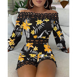 Women Print Playsuits Hollow Out Design Lace Zipper Decor See Through Slash Neck Long Sleeve Mid Waist Slim Hips